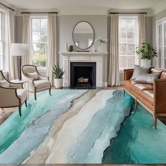 Area Rug for Living Room, Marble Turquoise Non-Slip Indoor Large Carpet for Bedroom/Dining Room, Country Ombre Brown Nature Cracks Washable Low-Profile Rectangle Floor Runner Rugs - 5 x 7 Ft