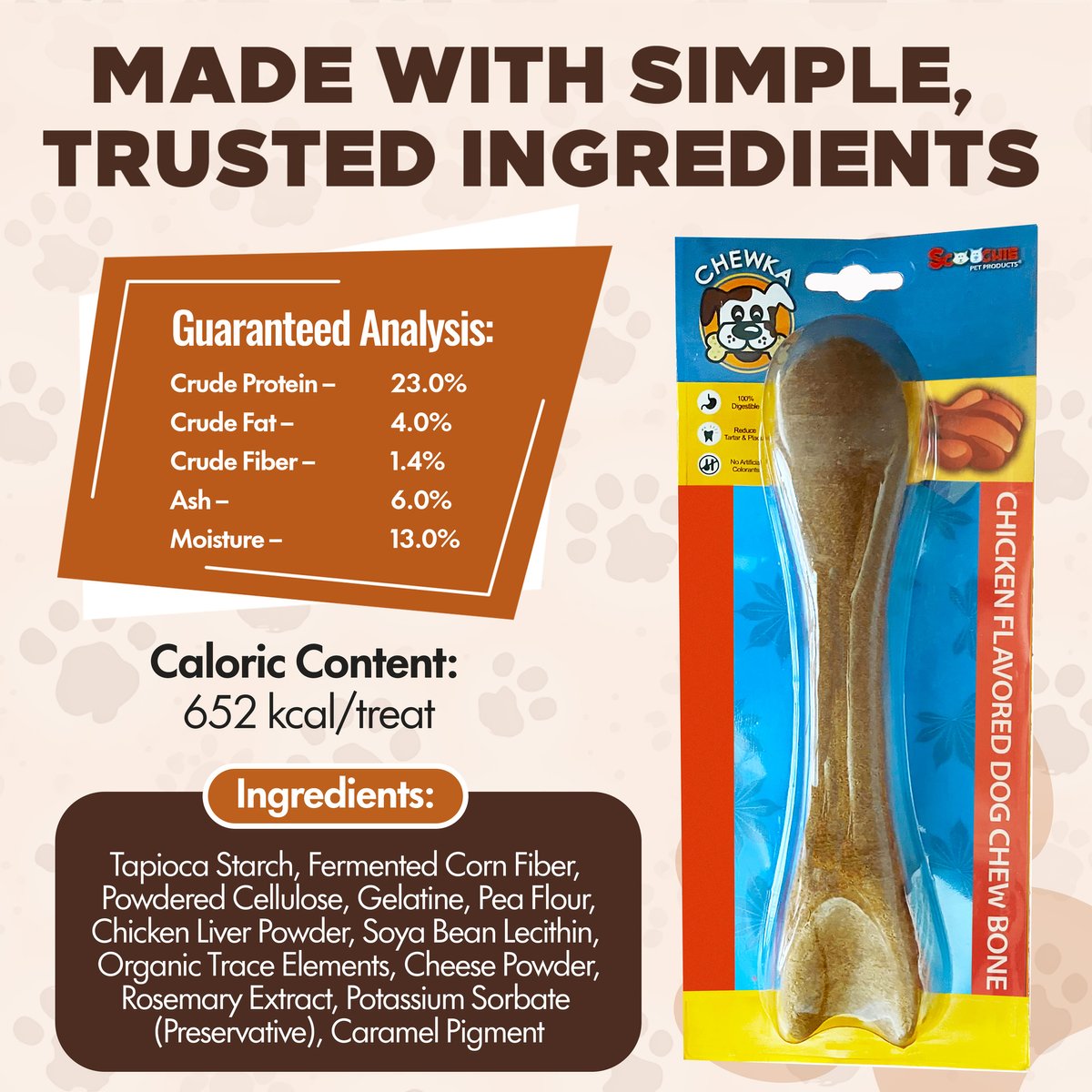 Scoochie Pet Chewka Chicken Flavored Plant-Forward Fully Digestible Dog Chew Bone, Large, 6CT