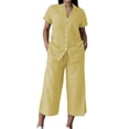 thumbnail image 3 of AHTJRT Women's Shirt Pants Set Plus Size Loose Fit Two Piece Outfits Button Down Short Sleeve Tops Capri Pants Macthing Sets Yellow XXXXL, 3 of 6