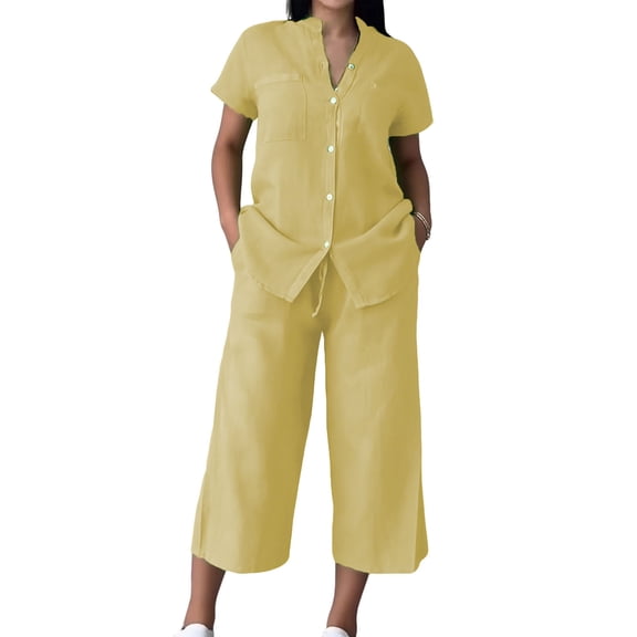 asjyhkr 2 Piece Sets for Women Casual Short Sleeve Button down Shirts Wide Leg Cropped Pants Summer Dailywear Comfy Outfits(X-Large,Yellow)