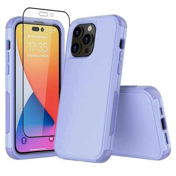 NIFFPD iPhone 14 Pro Case with Screen Protector, Heavy Duty Hard Shockproof Phone Case for iPhone 14 Pro 6.1" Light Purple