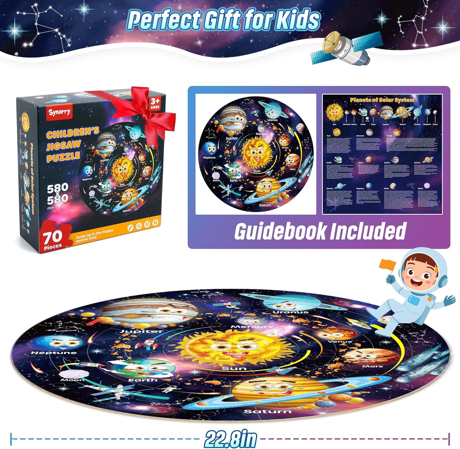 SYNARRY Solar System Floor Puzzle for Kids Age 3-8, 70-Piece Large Wooden Jigsaw Puzzle Set, FSC Certified Educational Puzzles