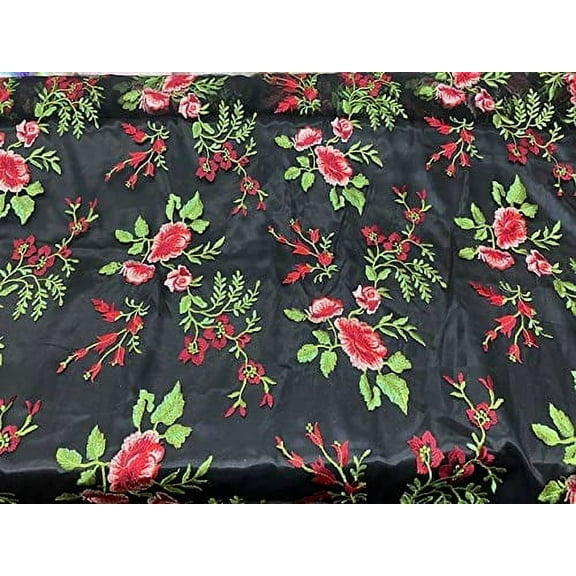 Valentina Textile Inc Lightweight mesh lace Fabric Features Embroidered on mesh with red Flowers and Green Leafs VT-13 (1 Yard, Multicolor)