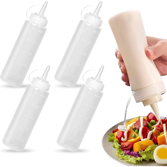 TEXIJUSO Plastic Squeaeze Condiment Bottles 4 Pcs, 8oz Food Grade BPA Free Squeezy Sauce Bottles with Cap Reusable Squeeze Containers for Condiments Ketchup Syrup BBQ Sauce Mustard Salad Dressing