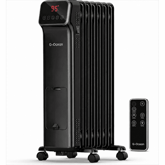 G-Ocean 1500W Oil Filled Radiator Heater for Large Room, Quiet Electric Heater with Remote, Digital Thermostat, 3 Heat Modes, 24H Timer, Overheat & Tip-Over Protection