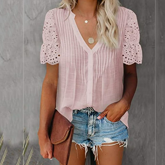 Qertyioot Women Solid V-Neck Lace Crochet Eyelet Shirts Blouses Tops
