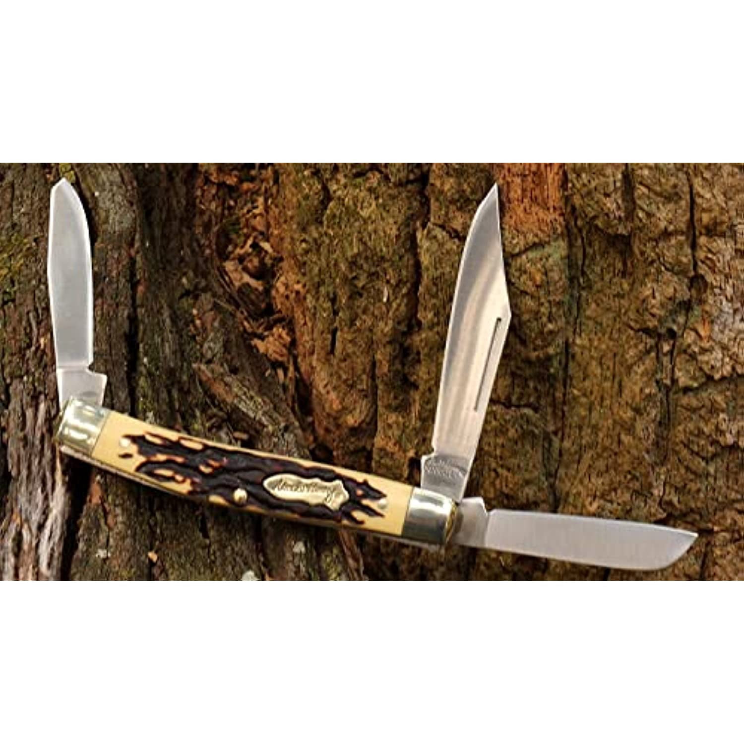 Uncle Henry 885UH Senior Rancher 6.9in Folding Pocket Knife with Stainless Steel Clip-Point Blade, Sheepsfoot Blade, Spey Point Blade, and Staglon Handle for Hunting, Camping, EDC