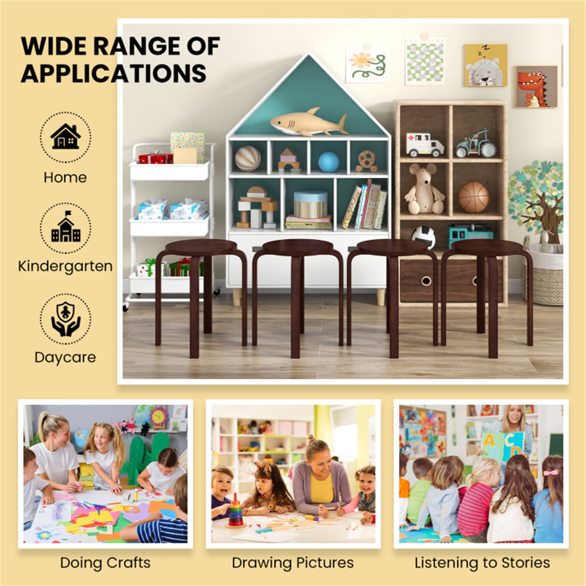 Demi Bonn Set of 4 18" Wood Home Backless Dining Chairs with Stackable Space Saving Design, Brown