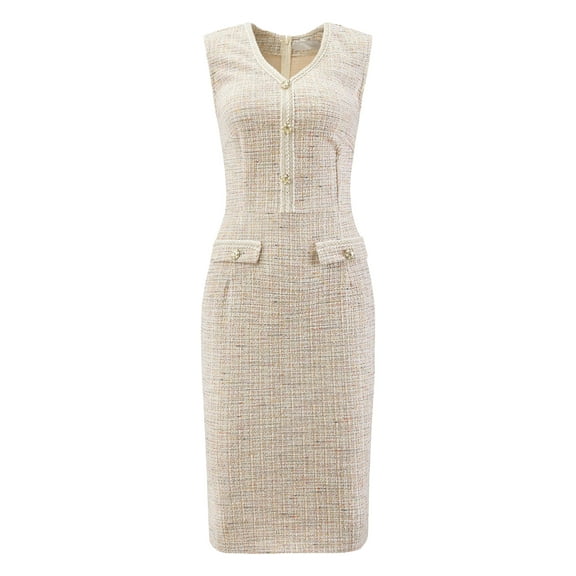 DARING DIVA Tweed Sleeveless V Neck Elegant Bodycon Pencil Dress XL Beige