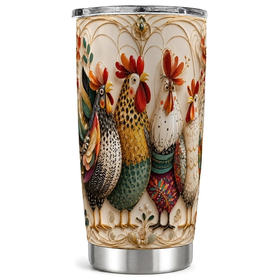 Whimsical Chicken Tumbler 20oz, Folk Tumbler, Stainless Steel Travel Cup