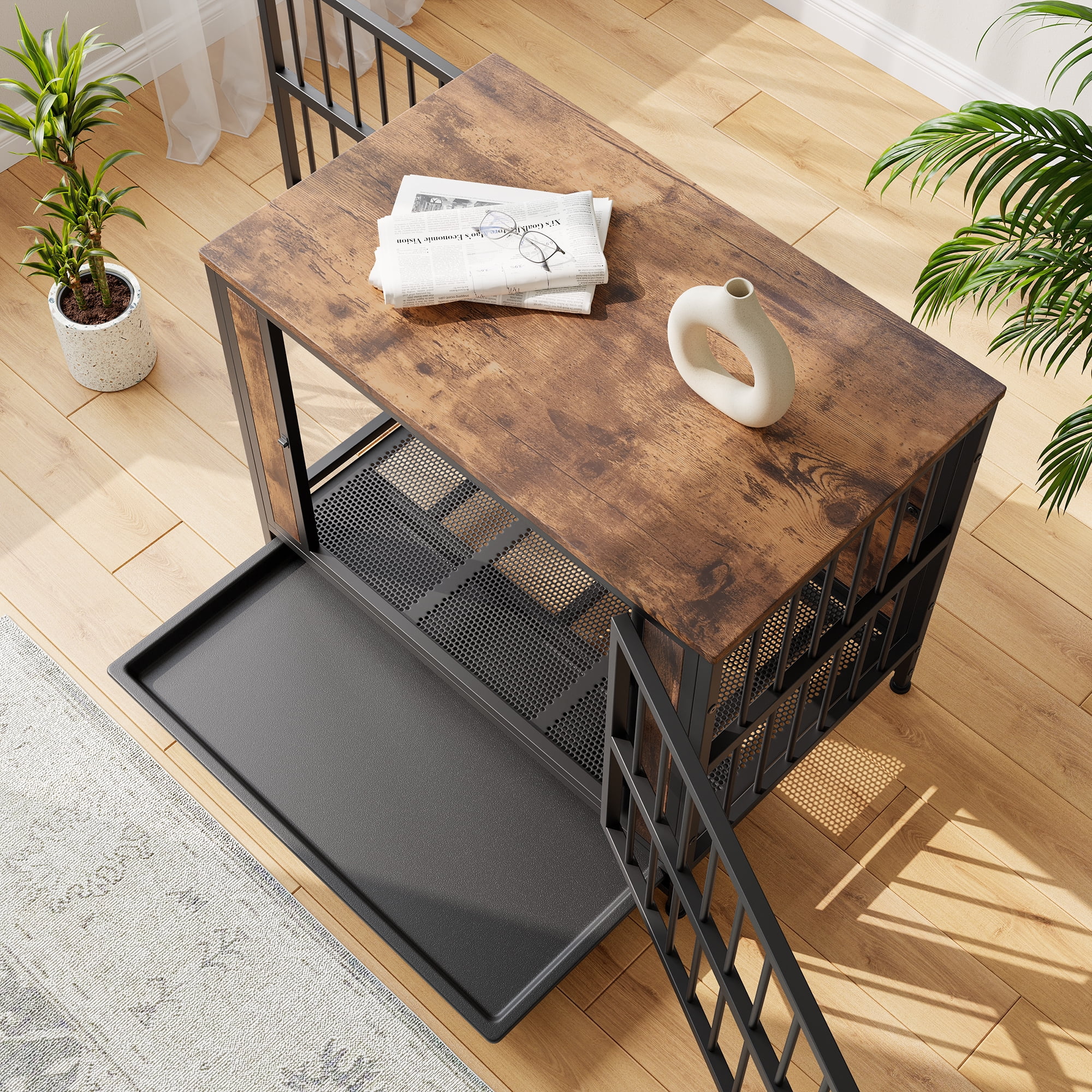 ZephyPaws Heavy Duty Dog Crate Furniture with Double Door,Wood Indoor Dog Crate Kennel for Small/Medium with Pull-Out Tray,End Side Table,TV Stand,Black