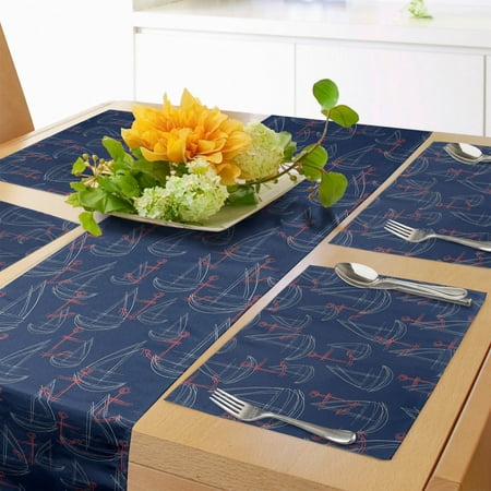 

Nautical Table Runner & Placemats Hand Drawn Sailing Sea Boats in the Ocean Wind Anchor Ships Modern Doodle Set for Dining Table Placemat 4 pcs + Runner 12 x72 Dark Blue and Coral by Ambesonne