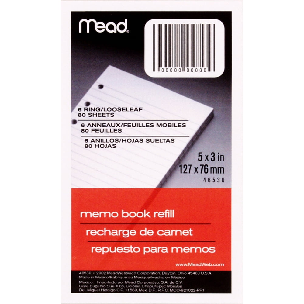 Mead Memo Book Refill Pages, Narrow Ruled, 3" x 5", 80 Sheets (46530