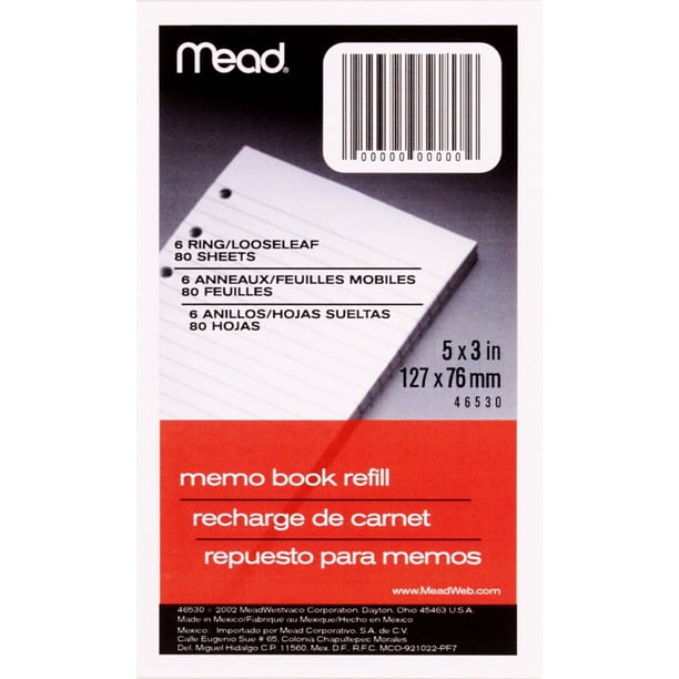 Mead Memo Book Refill Pages, Narrow Ruled, 3" x 5", 80 Sheets (46530