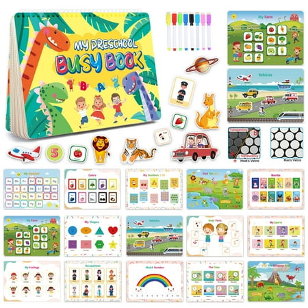 Preschool Montessori Busy Book for Kids - Language Sensory Toy, Busy Board, Alphabet Flashcards, Color Recognition, Counting Games, Farm Animals Matching, English & Spanish Version, Daily Life Themes
