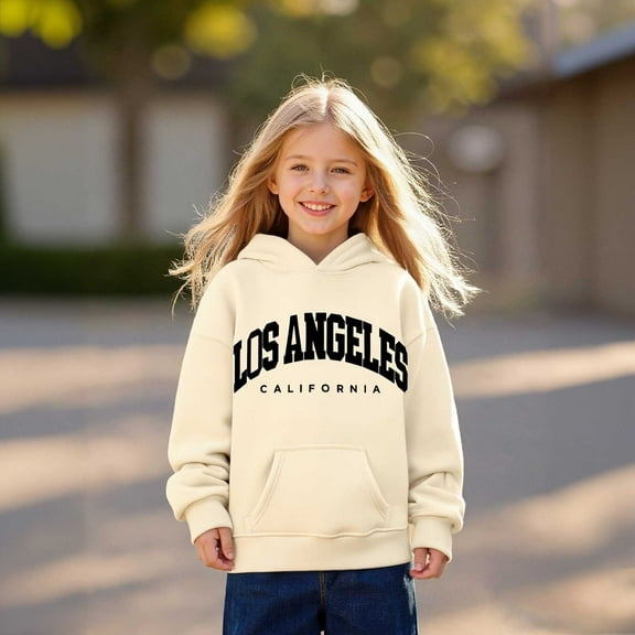 Hoddies City Name Letter Print Beige Hoodie Casual Long Sleeve Hoodies Fall Clothes Girl Clothes 5-6 Years