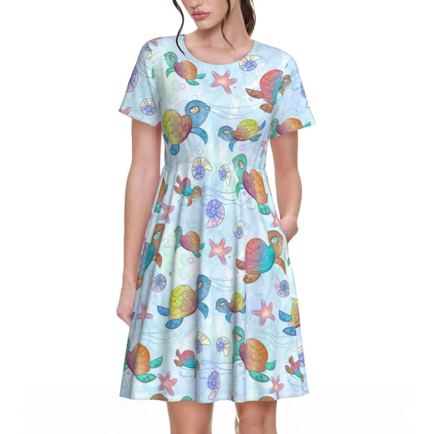 Easygdp Colorful Sea Turtle para Vestido Transpirable de Mujer, Vestido Suelto de Manga Corta con Pliegues y Bolsillos para el Verano