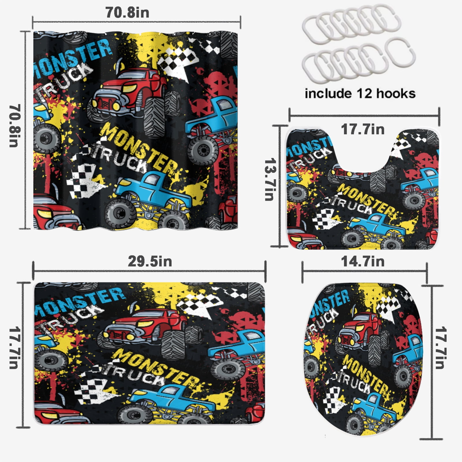 Truck Shower Curtain Sets with Non-Slip Rug Cartoon Car Spray Paint Texture Ink Print Bathroom Decor Bath Curtain with Rugs Toilet Lid Cover Bath Mat, 72x72 Inch