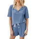 thumbnail image 1 of Pijama azul Ropa de abrigo para mujer Ropa de casa Pantalones cortos de manga corta de color liso Conjunto casual de dos piezas, 1 of 5