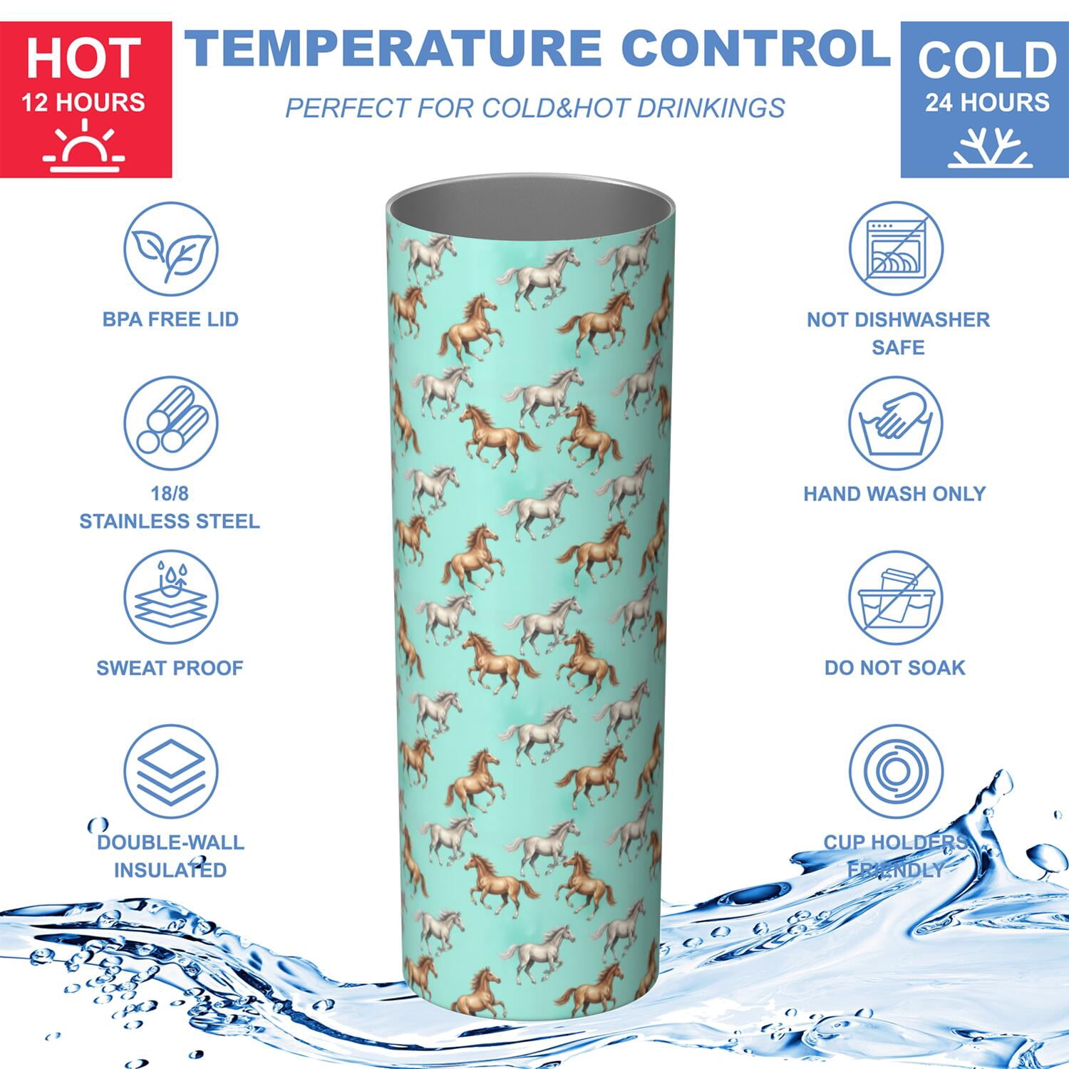 20oz Stainless Steel Skinny Tumbler, Double Wall Travel Mug with Lid and Straw,Horse Colorful Run Light Teal Pattern