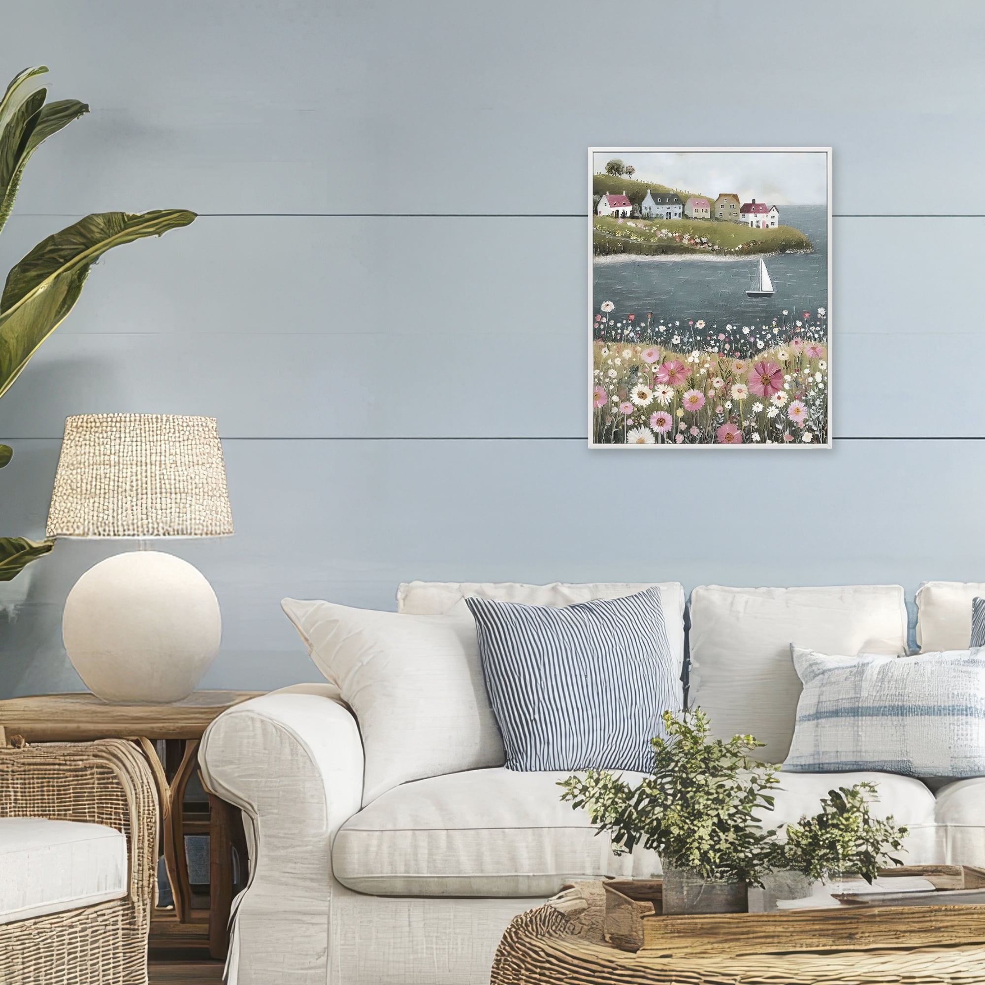 Stupell Industries Pink Meadow & Sailboats White Framed Giclee Art, design by Riley B
