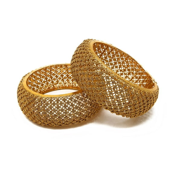 Duel On Jewel Gold-Plated Kada Bangle Bracelet Set with Net Filigree Design, 1-Inch Width, Medium Size 2-6, Traditional Indian Bridal Wedding Party Jewelry for Women, Elegant Gold Net Patterndon