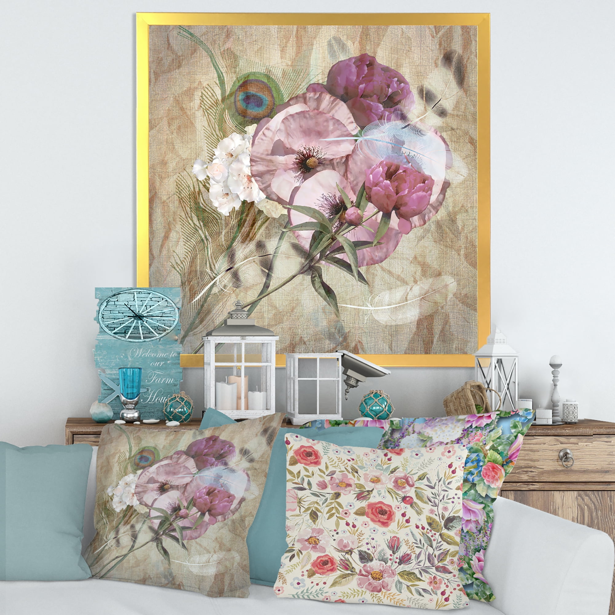Designart 'Iris Bouquet Floral Design With Peacock Feather' Traditional Framed Art Print