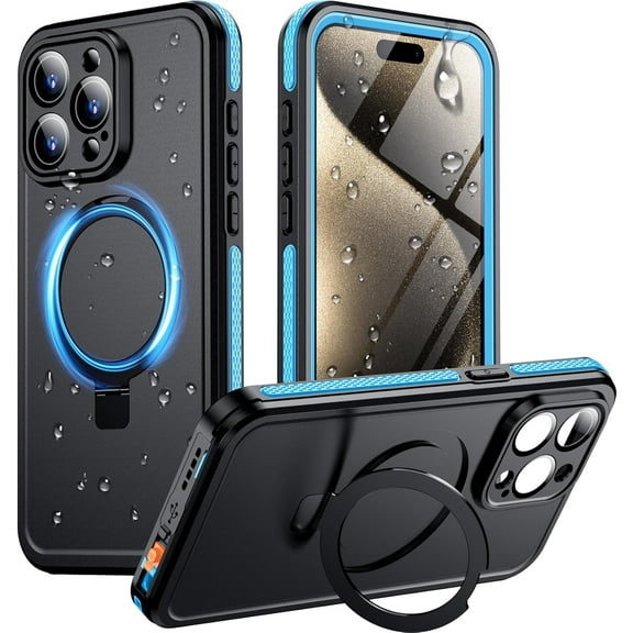 for iPhone 15 Pro Max Phone Case Blue | Magnetic, Waterproof, Built-in Invisible Ring Stand, Screen Protector, IP68 Underwater, Drop-Resistant, Dustproof, Shockproof, 6.7''