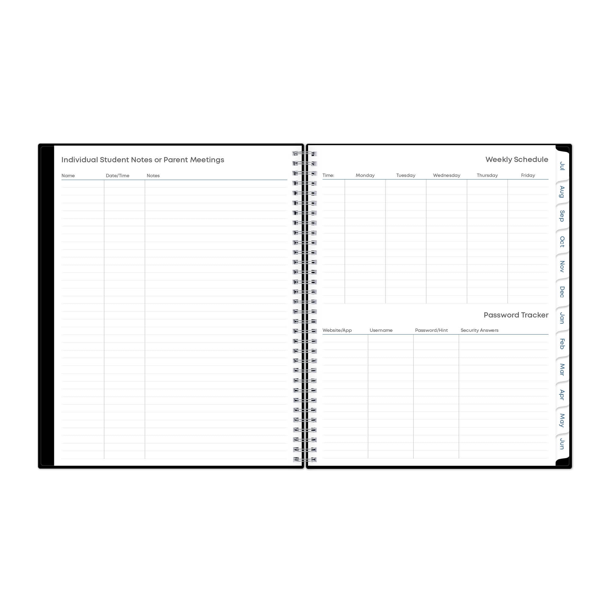 Blue Sky Teacher Academic Year Weekly/Monthly Lesson Planner 11 x 8.5 2024-2025