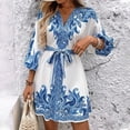 thumbnail image 2 of WTOBBY Women's Fashion Floral Print V-Neck 3/4 Sleeve Tie Waist Dress, Casual Midi Dress with Flattering Silhouette for Day to Night Transition,Blue XL, 2 of 6