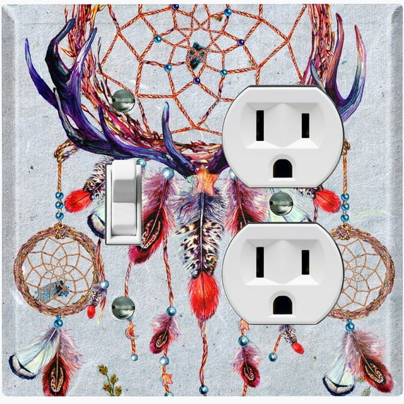 Metal Light Switch Plate Cover Antler Beaded Feather Dreamcatcher DRM001