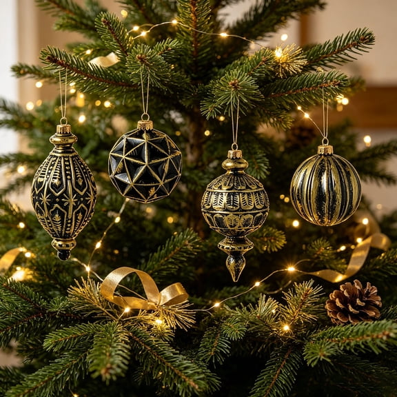 Black Gold Vintage Embossed Christmas Ornament Set Shatterproof Hanging Baubles for Christmas Tree Holiday Decor