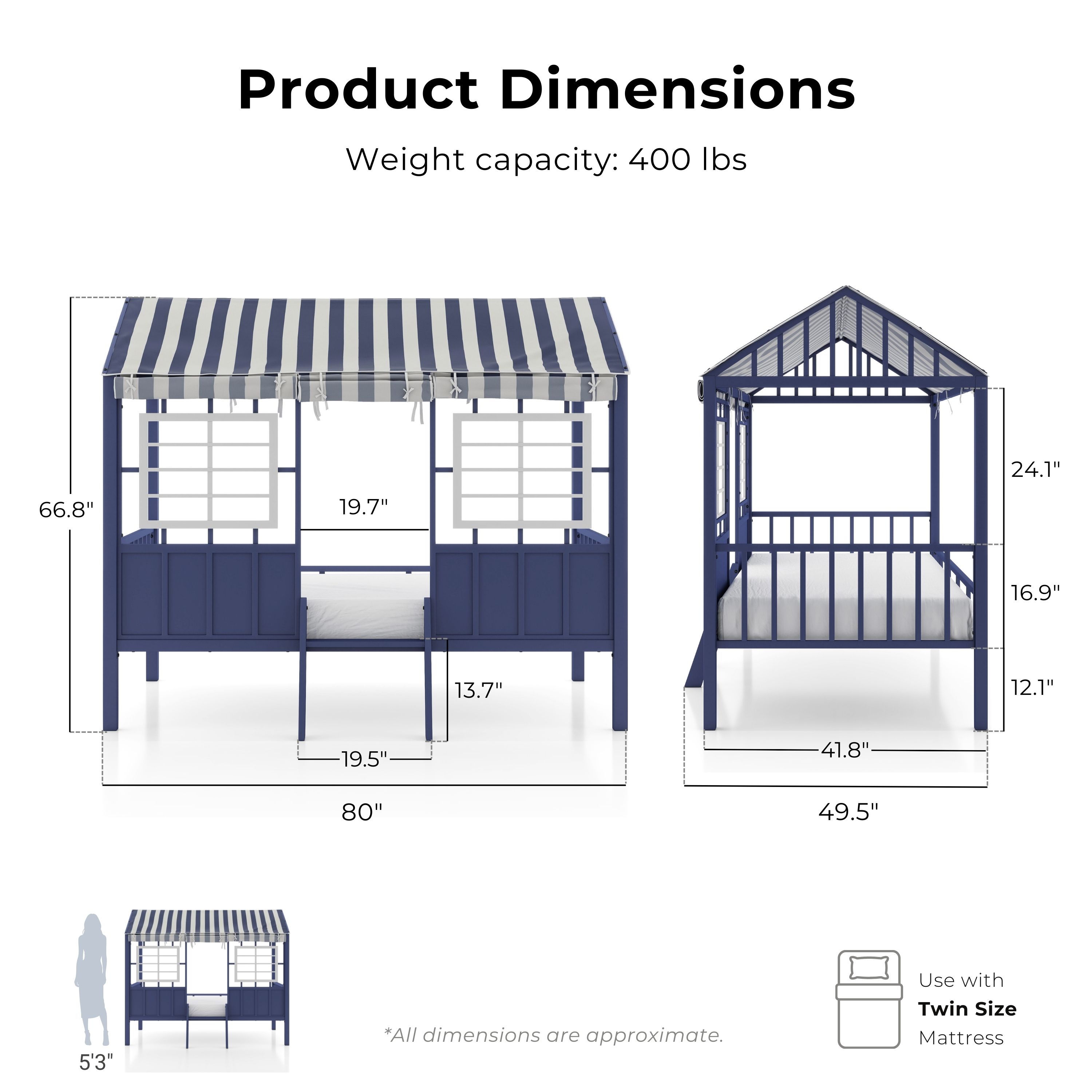 Furniture of America Little House Kids Metal Loft Bed with Guardrails, Blue and White, Twin
