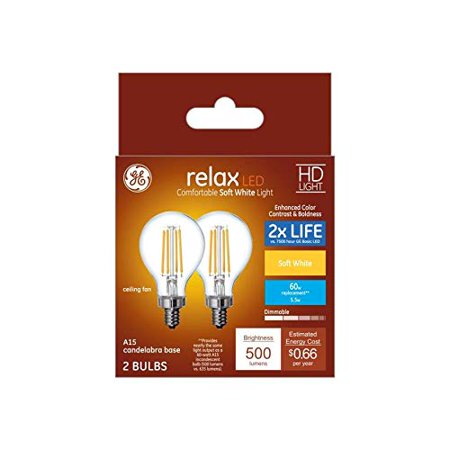 

GE Relax 2-Pack 60 W Equivalent Dimmable Soft White A15 LED Light Fixture Light Bulbs Candelabra