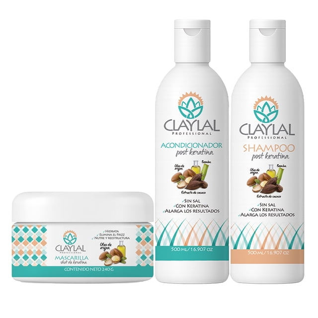 Claylal Professional Kit Post Alisado – Shampoo, Acondicionador sin Sulfatos 500 ml c/u y Mascarilla con Keratina y Argán 240 ml | Control de Frizz, Reparación y Brillo
