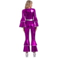 thumbnail image 5 of YiZYiF 70s Disco Costumes for Womens Metallic Shiny Jumpsuits Tiered Flare Sleeve Bell Bottoms Romper Purple M, 5 of 7