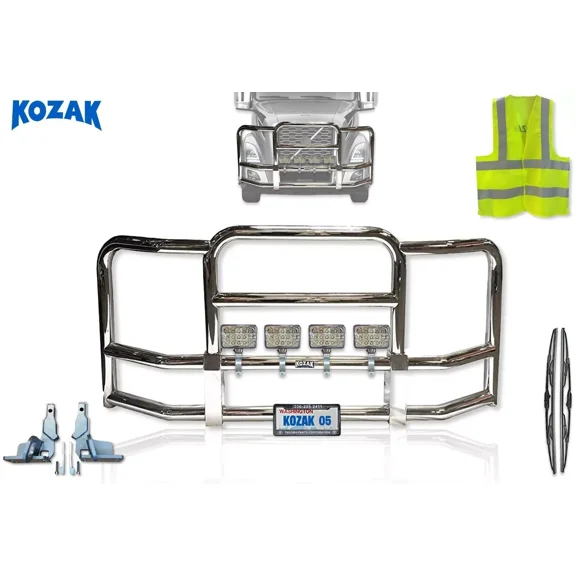 Full Front Bumper Grille Deer Brush Moose Guard Chrome Square w/ 4x 6" Square LED Headlights Compatible with Volvo VNL 2018 