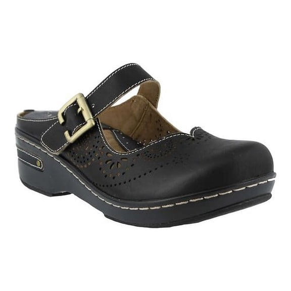 Spring Step L'Artiste Aneria Women's Mule Round Toe Clog - Hand-Painted Floral Laser Cut Leather - Adjustable Hook-and-Loop Strap Brushed with Gold Buckle