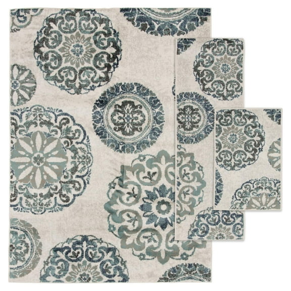 Mainstays Teal Medallion 3 Piece Indoor Area Rug Set