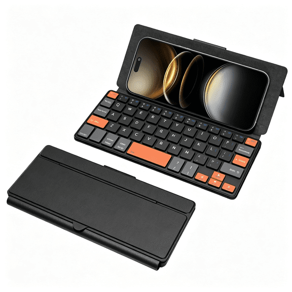 XIBUFE Universal Bluetooth Mini Keyboard, Wireless Compact Keyboard with Orange Navigation Keys & Any-Angle Stand for Android/Ios/Windows, Dual-Device Keypad for Phones Z Fold/Ipad Mini