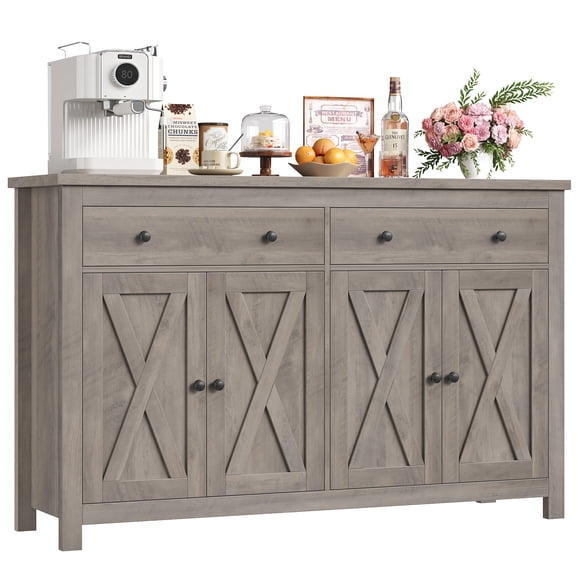 Homfa 55.1'' W Kitchen Buffet Storage Cabinet with Adjustable Shelves, 4-Doors 2-Drawers Sideboard Storage Cabinet, Gray