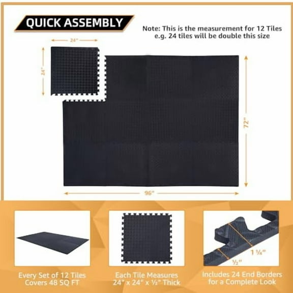 24 Pack, 96 SQFT - 24" x 24" - 1/2" Extra Thick Floor Exercise Mat for Home Gym or Floor Padding - High-Density EVA Interlocking Foam Floor Tiles for Gym Equipment, Play Area | Yog
