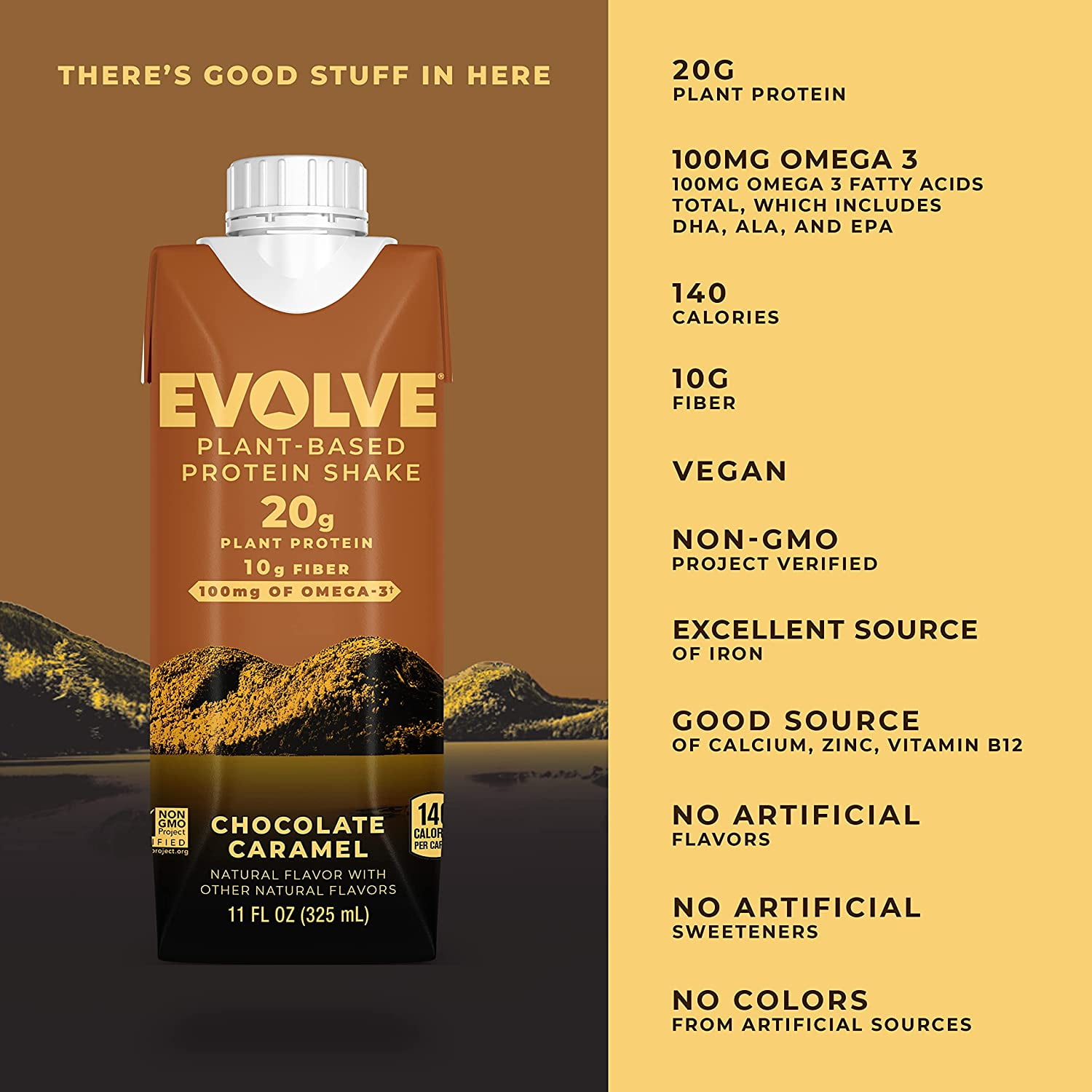 Evolve Plant Based Protein Shake, Chocolate Caramel, 11 fl oz Cartons, 4 Count