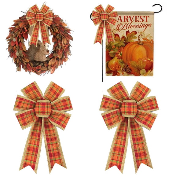 Hying 2PCS Fall Bows for Wreath, Thanksgiving Wreath Bows Red Orange Buffalo Plaid Bow