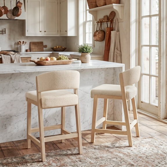Zesthouse 26.2″ Counter Height Wooden Bar Stools Set of 2, Linen Upholstered Barstools with Curved Backs, Thick Cushion, Natural Solid Wood, Modern Bar Chairs for Kitchen Island, Beige