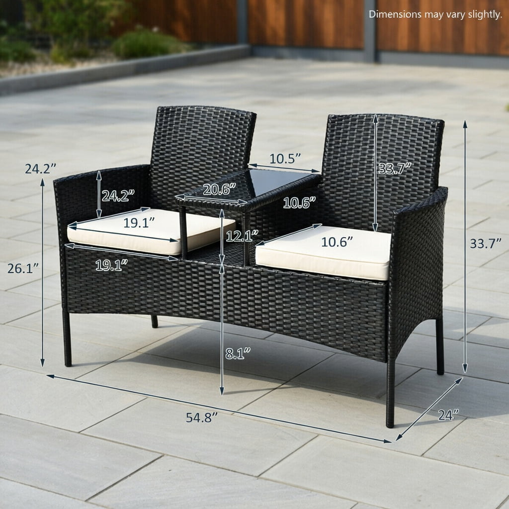Hommoo Wicker Patio Conversation Set, Weather-Resistant Rattan Sofa with Removable Cushions, Tempered Glass Table, and Steel Frame for Backyard, Poolside or Balcony, White