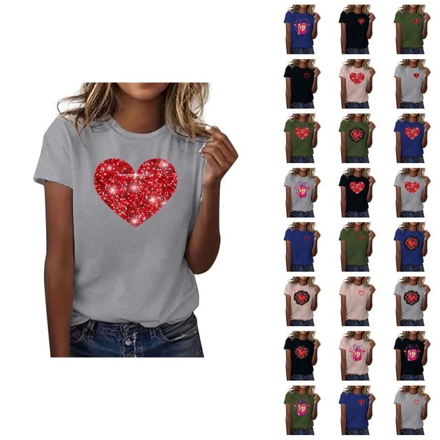 T-shirts de la Saint-Valentin pour Femmes 2026 Mode Manches Courtes Col Rond Cœur Graphique