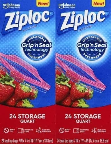 Quart Smart Zipper Plus Seal Ziploc Storage Bags with New Grip n Seal Technology Sandwich for Food 24 Count Organization and More 2 Pack 