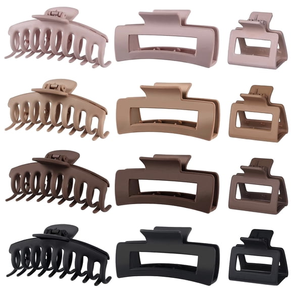 Square 12-Pack Nonslip Matte Hair Claw Clips for Women - Large & Medium Size Set (4.33” & 1.97”), Strong Hold for Thin, Thick & Curly Hair, Neutral Claw Clips for Updo, Bun & Ponytail