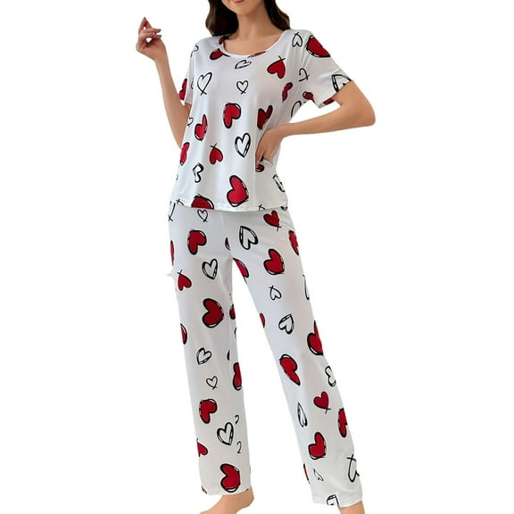 FUNDUFI Women Pajamas Short Sleeve Trousers Home Wear Set Fashionable Valentine Day Love Printed Pajamas Sleepwear Pyjamas Comfort Night-clothes